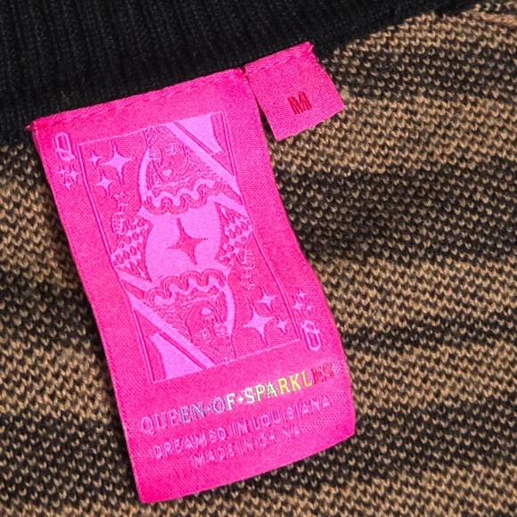 Queen of Sparkles Tiger Stripe Cardigan Sequin Tigers Black Camel Medium - Picture 12 of 14